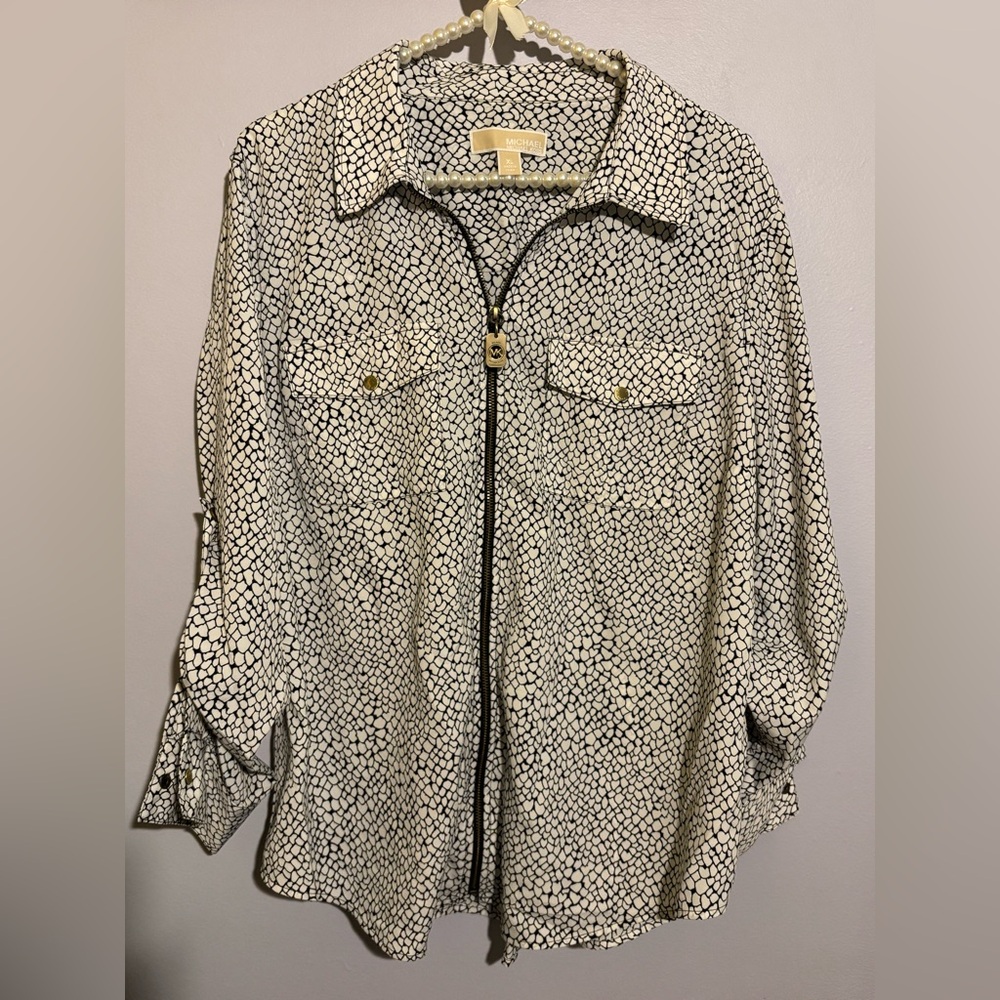 Michael Kors Black and White Patterned Blouse Size XL